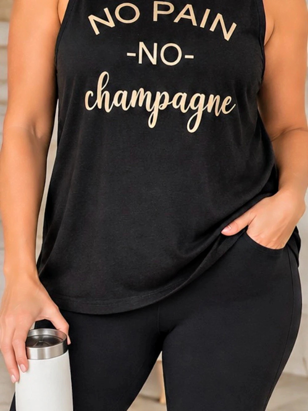 26-28 ptp Ricki's Active No Pain No Champagne Muscle Tank Black XL/XL Like New